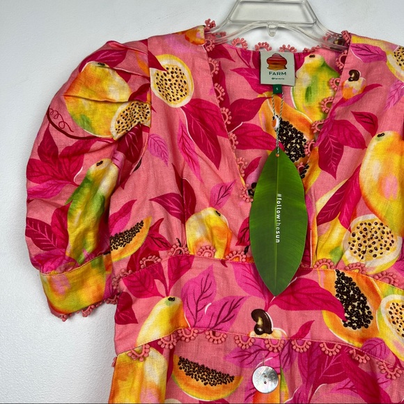 FARM Rio Pink Papaya Salad Linen Printed Puff Sleeve Dress - Size Small - Picture 4 of 9